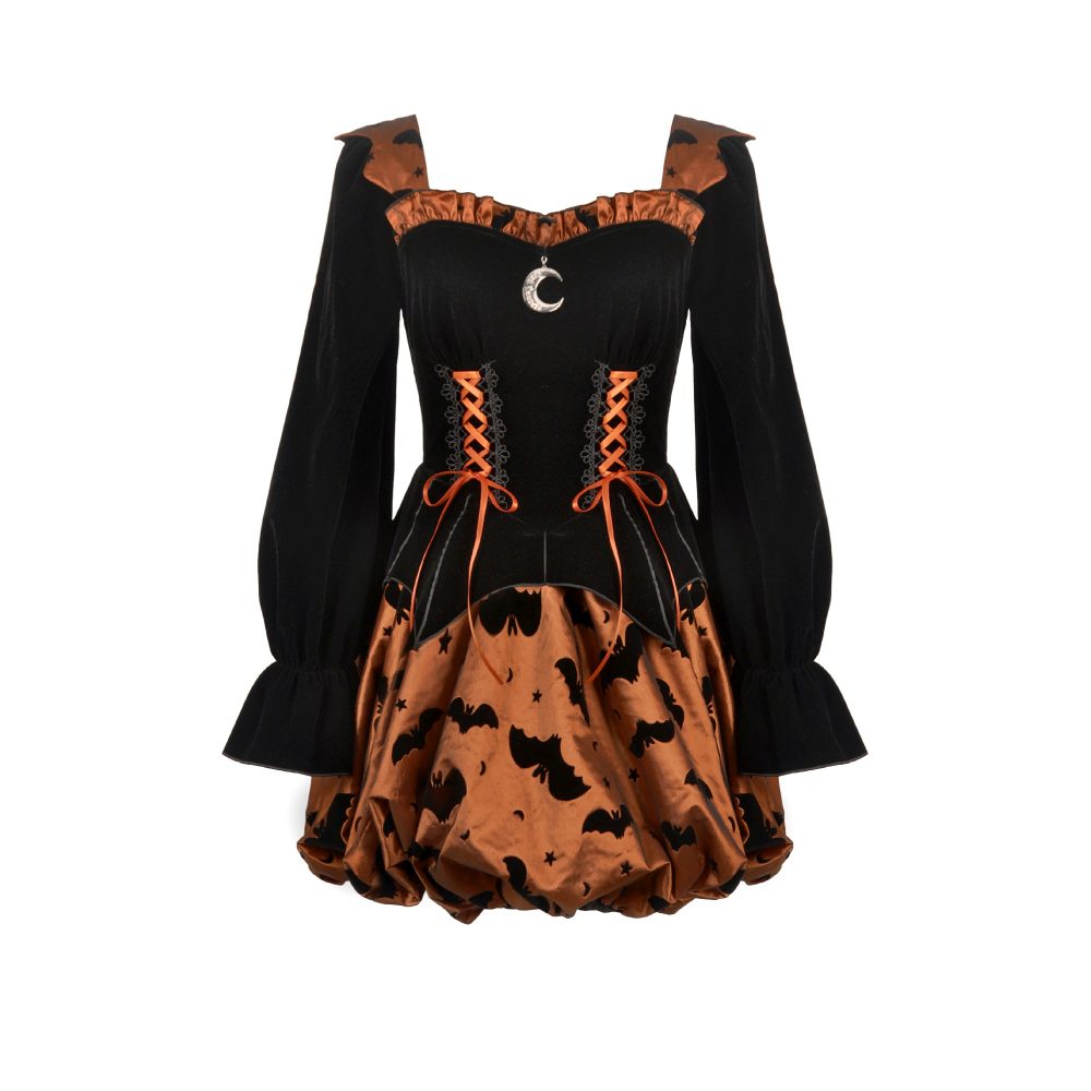 Dark in Love - Midnight Bat & Pumpkin Halloween Short dress - Black/Orange